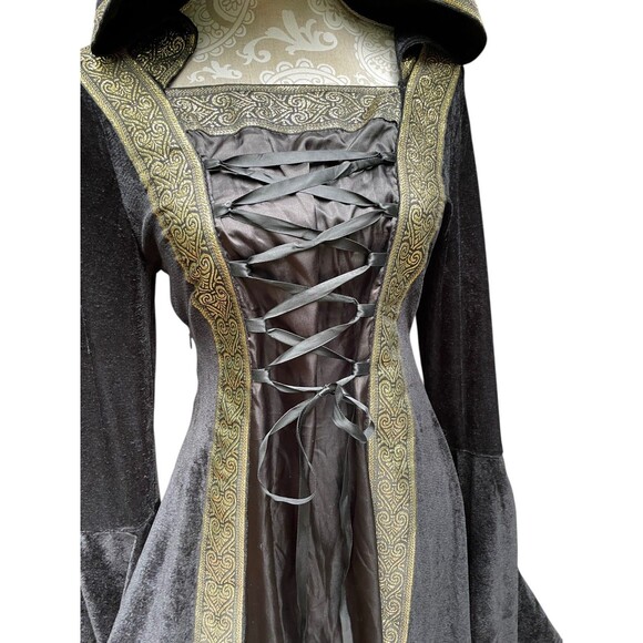 Medieval Renaissance Hooded Gown Black Velour Gold Trim Lace Up Bodice Size M - Picture 13 of 13